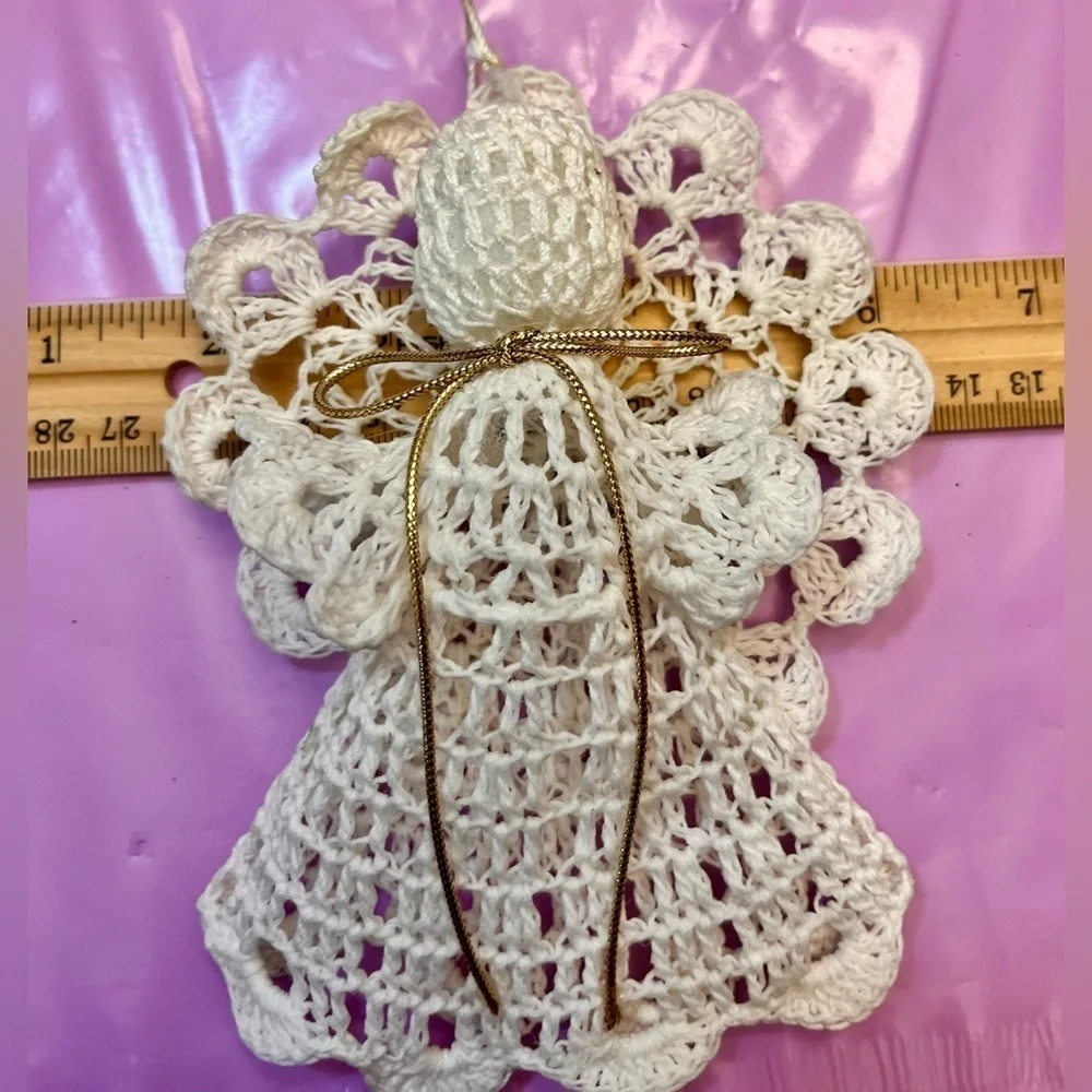 Vtg 3D Crochet Angel Ornament | Starched Lace Snowflake Halo Grandmacore Decor